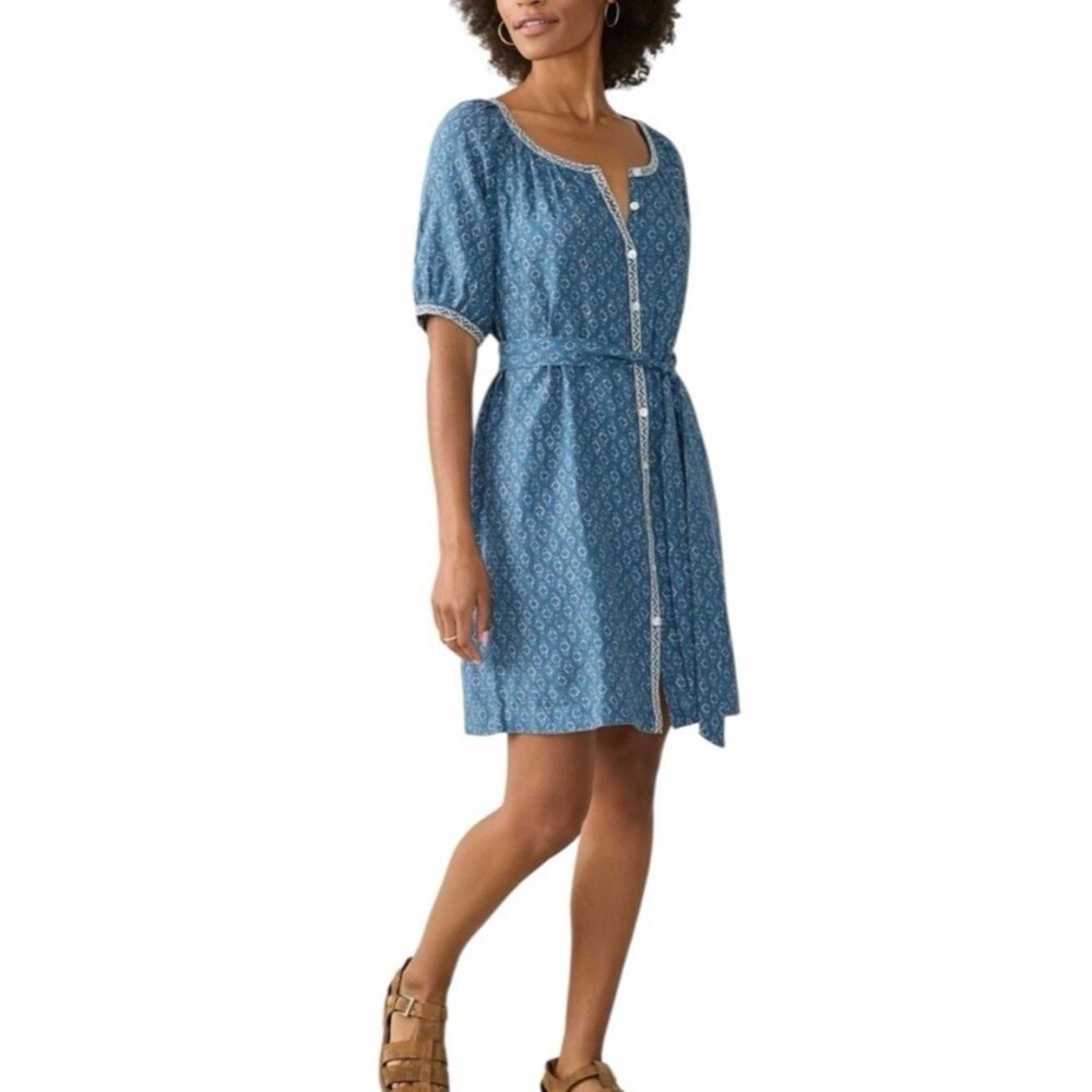 Faherty Key Largo Blue Carmel 100% Linen Cottagecore Dress Size Medium